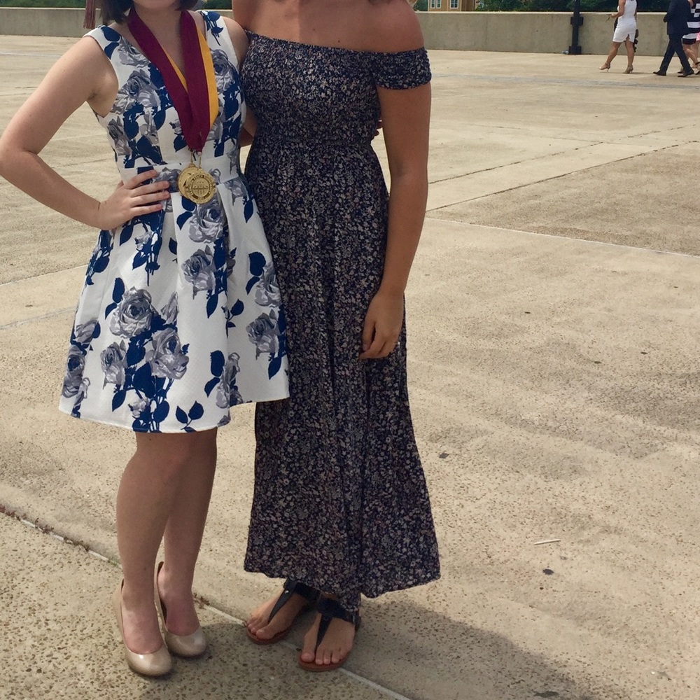 Navy Floral Mid Length Dress - Off the shoulder